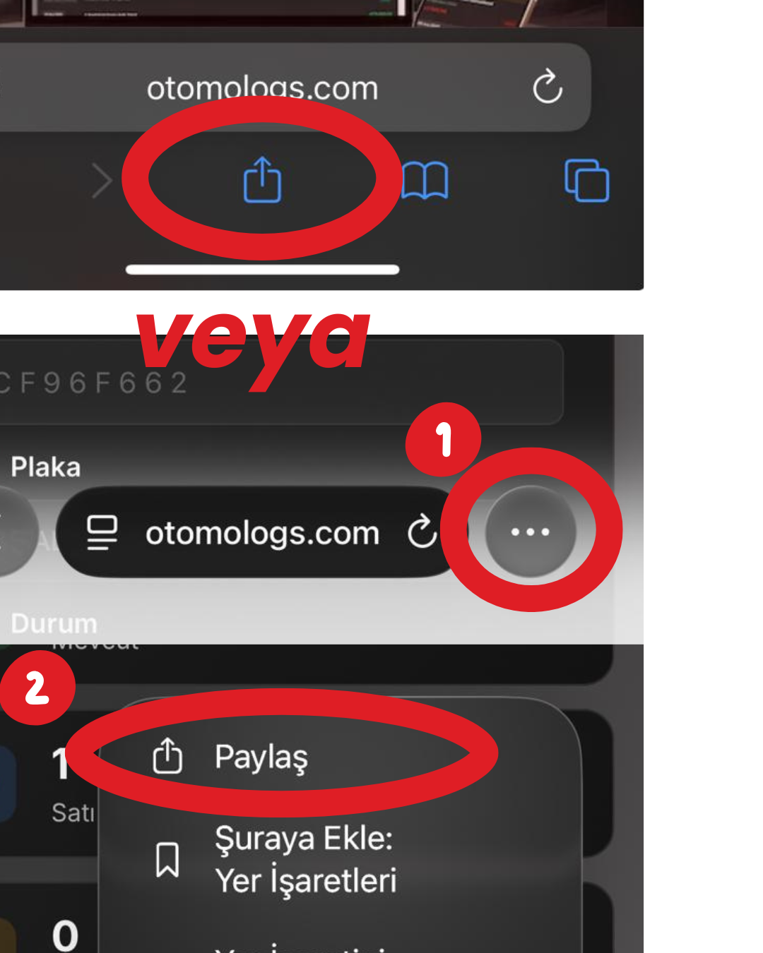 Safari alt çubuğunda Paylaş veya üç nokta menüsü