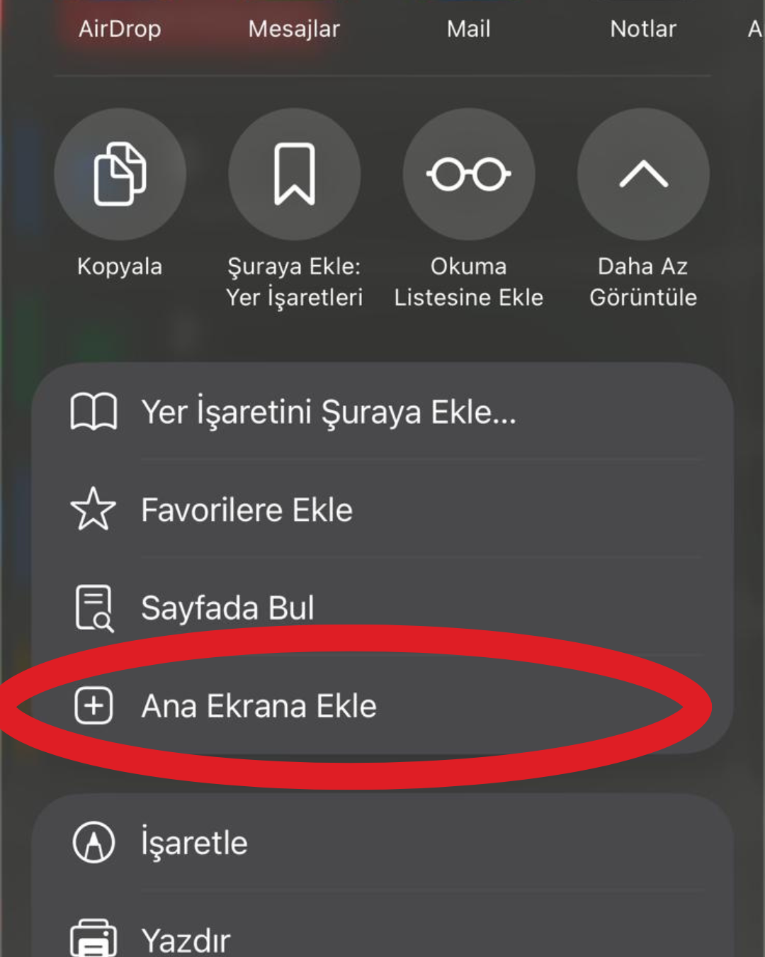 Paylaş menüsünde Ana Ekrana Ekle seçeneği