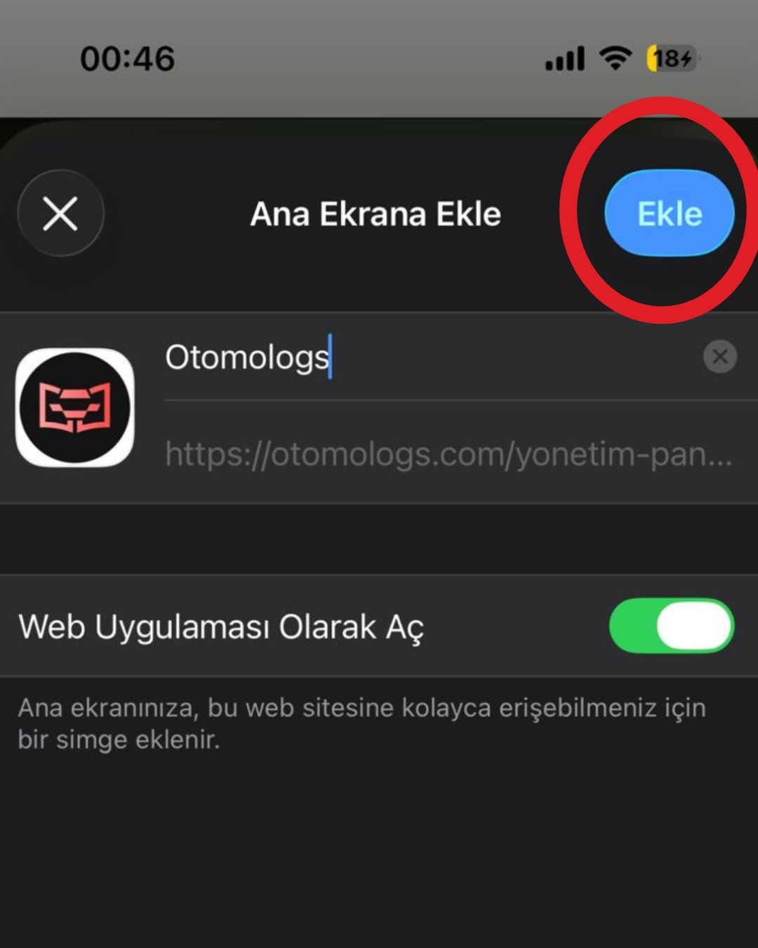 Ana Ekrana Ekle onay penceresi ve Ekle düğmesi